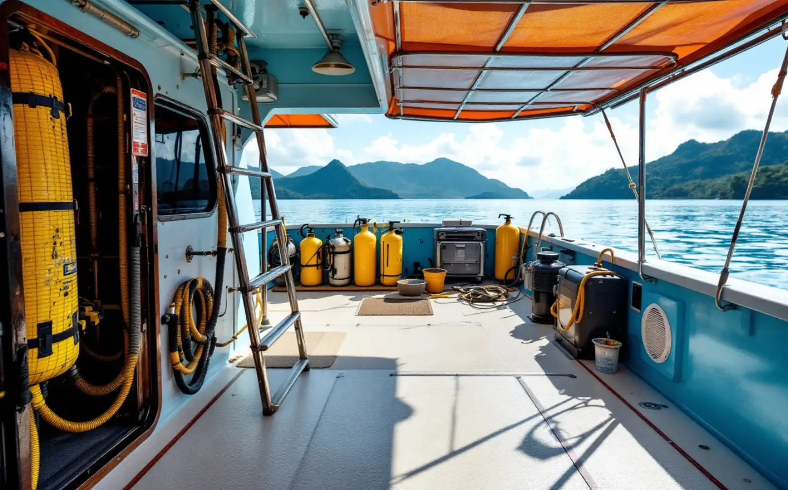 Aft deck of a newly built dive boat with tank racks, rinse tubs and a shaded canopy