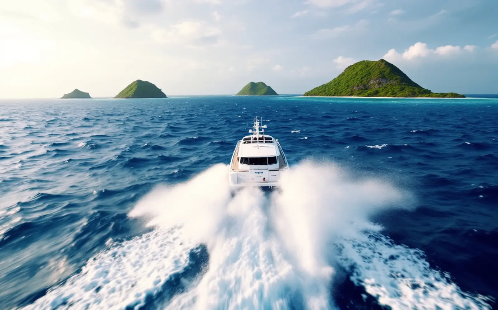 Fast passenger catamaran at speed on a choppy strait with three low islands on the horizon