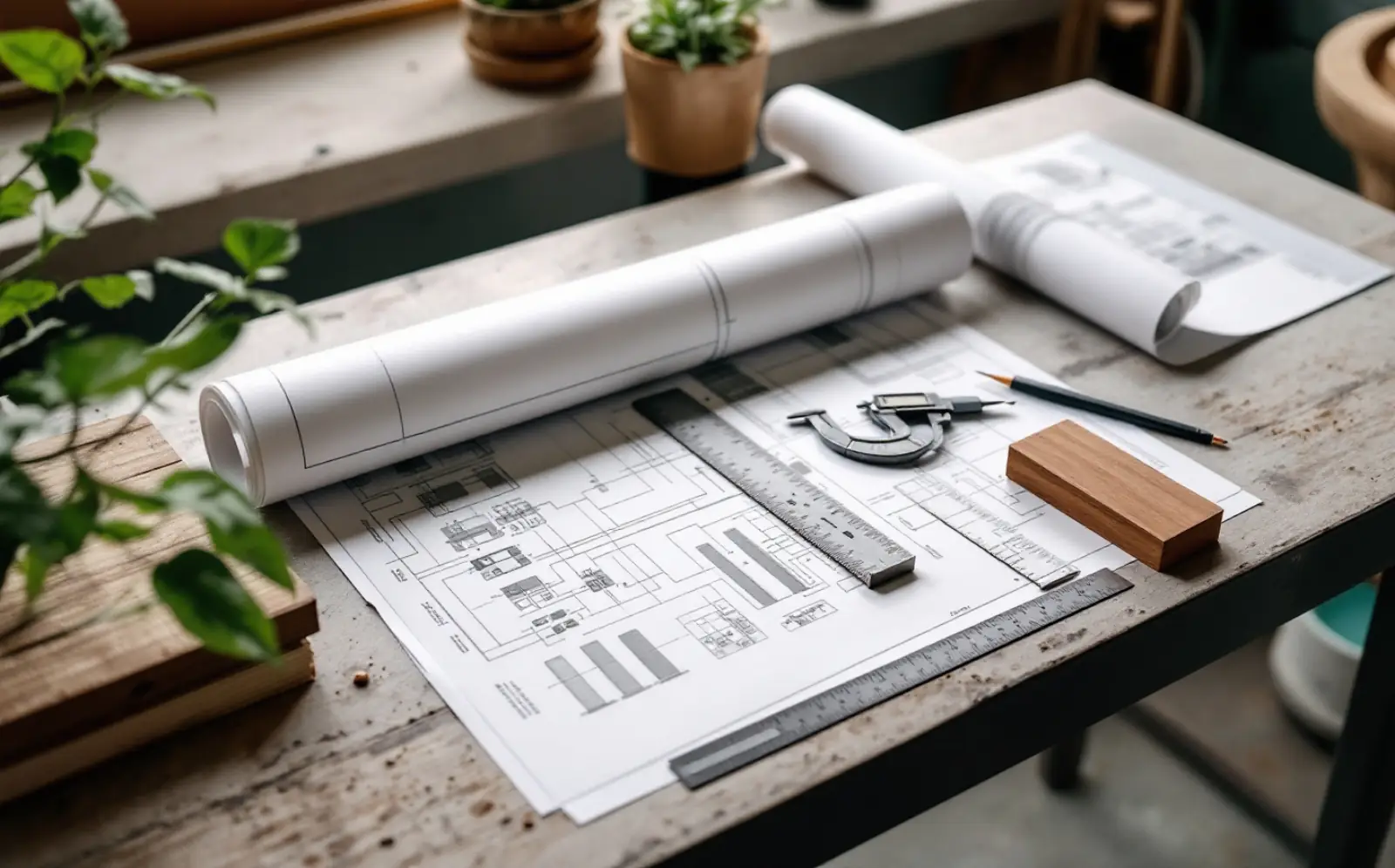 Workshop table with rolled technical drawings, callipers, an aluminium offcut and a hardwood sample block