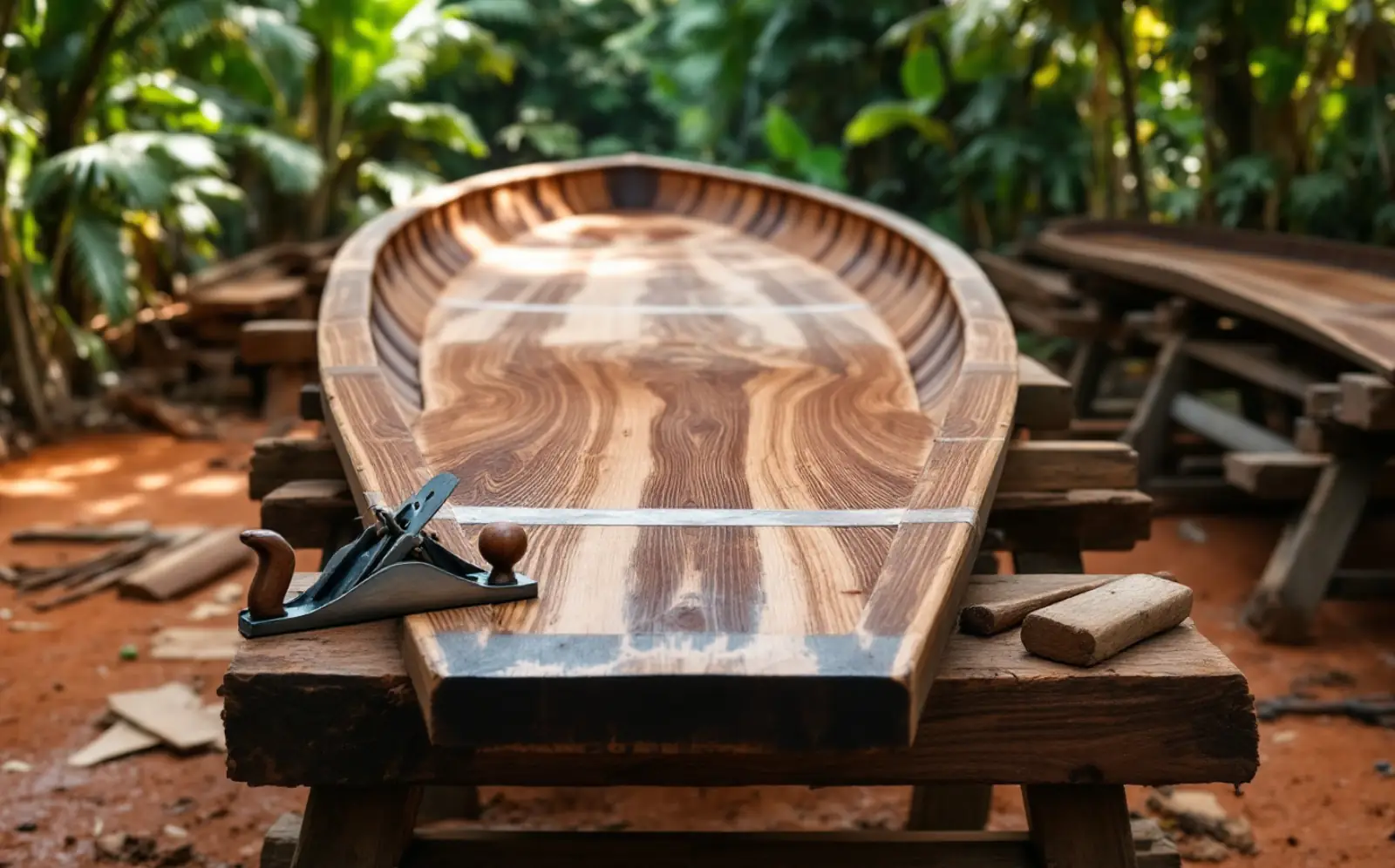 Heavy hardwood boat frames and keel timbers laid out on trestles in a tropical yard