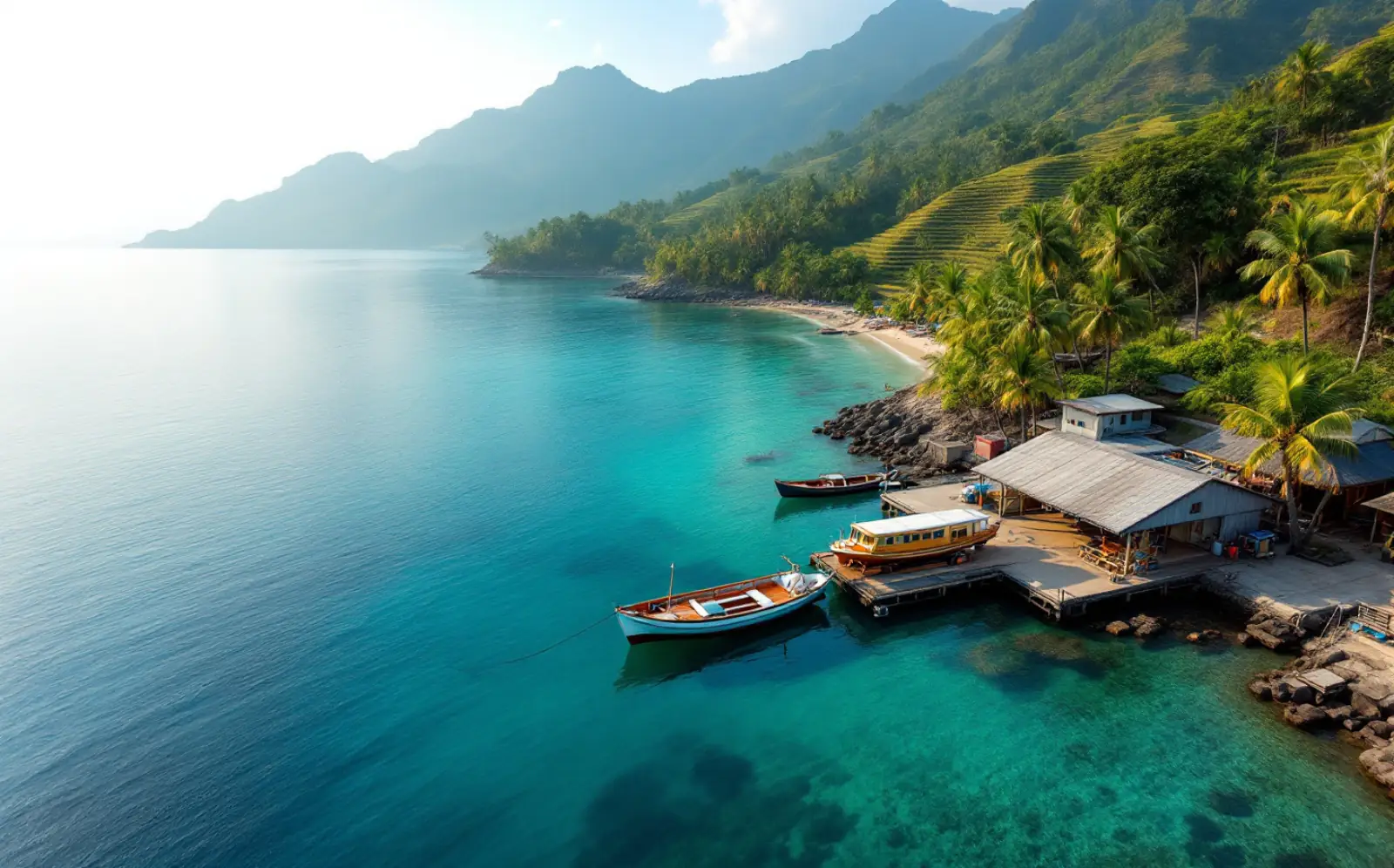 Aerial view of a small Lombok boatyard with a timber hull and an aluminium hull on the hard beside a slipway