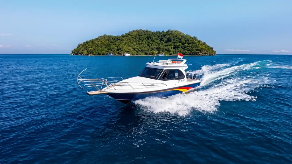 Fast passenger speedboat at speed beside a forested island
